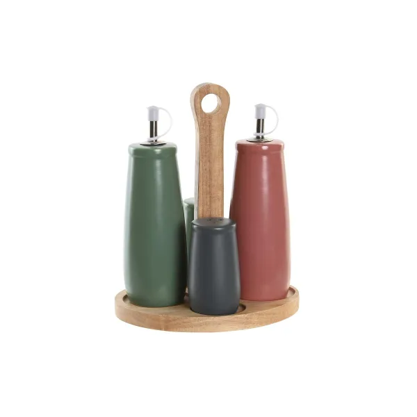 Garšvielu Trauku Komplekts DKD Home Decor 19 x 16 x 22,5 cm Dabisks Rozā Kaučuka koks Balts Zaļš Keramika