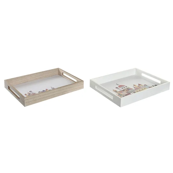 Välipalatarjotin DKD Home Decor Monivärinen Puu MDF Cottage Talot (2 osaa) (40 x 30 x 5 cm)