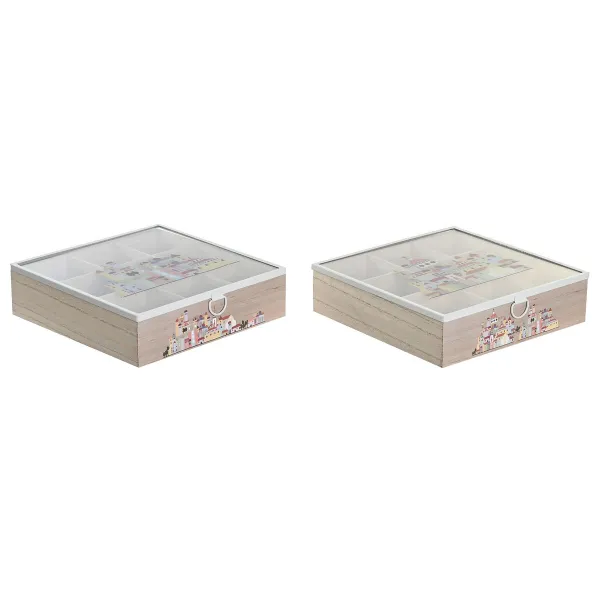 Dėžutė arbatai DKD Home Decor Stiklas Metalinis Spalvotas Medžio MDF (24,5 x 24,5 x 6 cm) (2 vnt.)