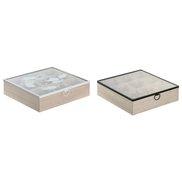 Infūziju Kaste DKD Home Decor Zils Balts Melns Dabisks Metāls Stikls Koks MDF 24 x 24 x 6,5 cm (2 gb.)