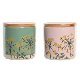 Purkki DKD Home Decor 11,5 x 11,5 x 12 cm Kukka-aiheinen Pinkki Vihreä Bambu Kivitavara Shabby Chic (2 osaa)