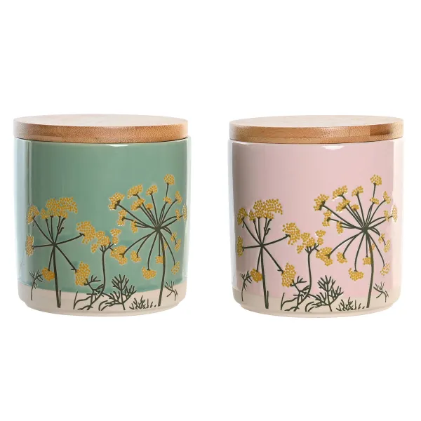 Purkki DKD Home Decor 11,5 x 11,5 x 12 cm Kukka-aiheinen Pinkki Vihreä Bambu Kivitavara Shabby Chic (2 osaa)