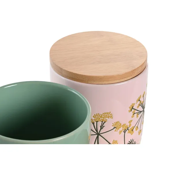 Tin DKD Home Decor 11,5 x 11,5 x 12 cm Floral Pink Green Bamboo Stoneware Shabby Chic (2 Units)