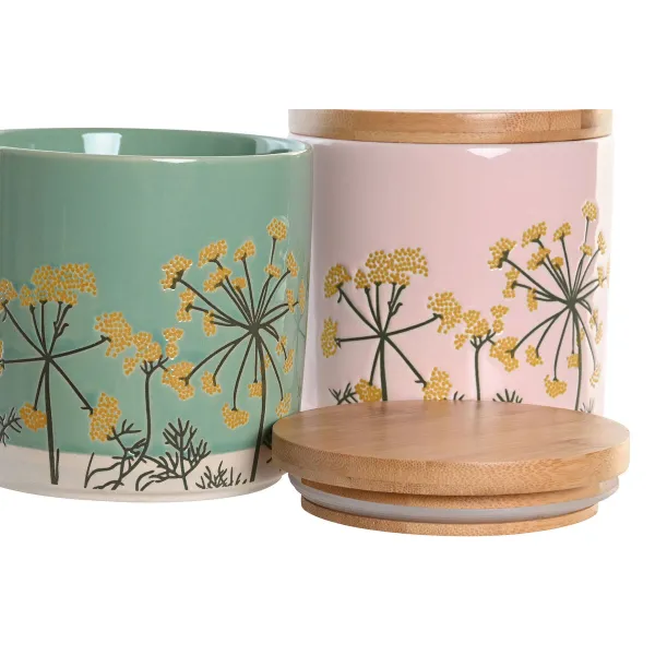 Purkki DKD Home Decor 11,5 x 11,5 x 12 cm Kukka-aiheinen Pinkki Vihreä Bambu Kivitavara Shabby Chic (2 osaa)