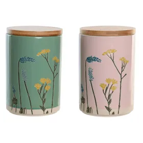 Purkki DKD Home Decor 11,5 x 11,5 x 17,5 cm Kukka-aiheinen Pinkki Vihreä Bambu Kivitavara Shabby Chic (2 osaa)