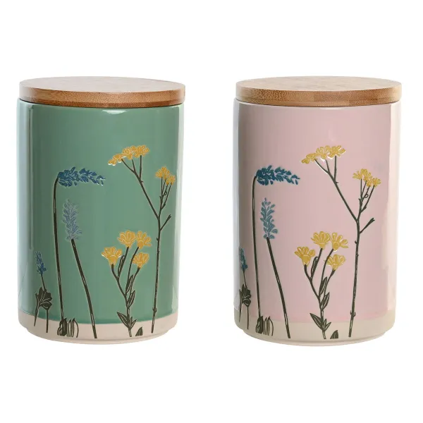 Purkki DKD Home Decor 11,5 x 11,5 x 17,5 cm Kukka-aiheinen Pinkki Vihreä Bambu Kivitavara Shabby Chic (2 osaa)