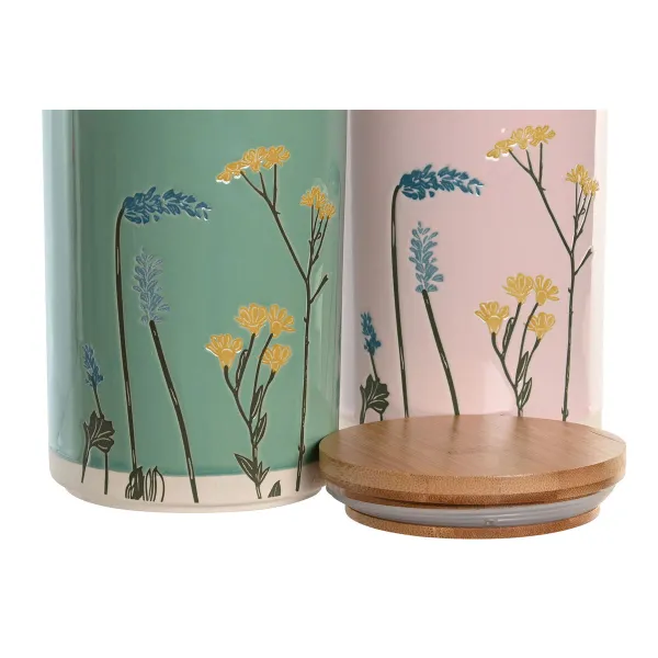 Alavas DKD Home Decor 11,5 x 11,5 x 17,5 cm Gėlėtas Rožinė Žalia Bambukas Keramikos dirbinys Shabby Chic (2 vnt.)