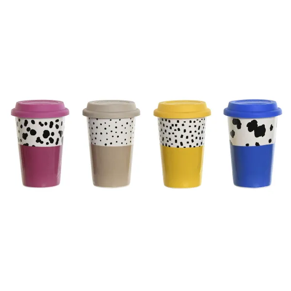 Чашка с крышкой DKD Home Decor Разноцветный Животные город 400 ml (4 штук)