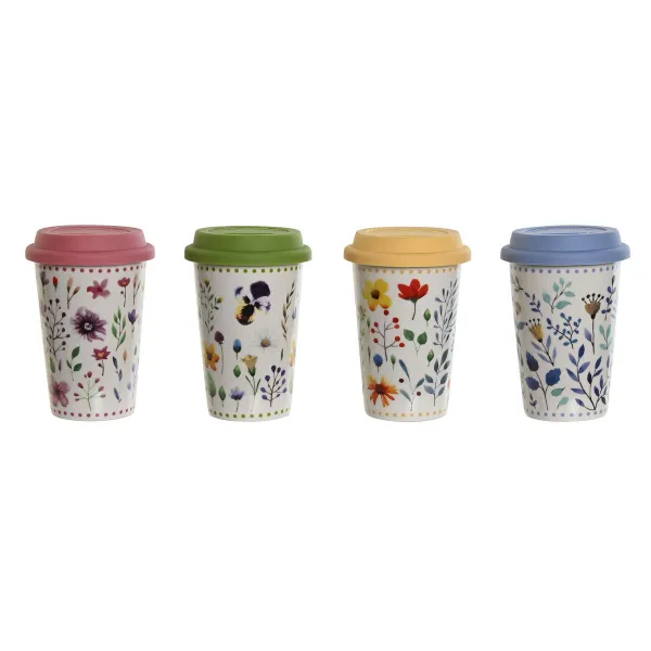 Puodelis su dangteliu DKD Home Decor Spalvotas Gėlės 400 ml (4 vnt.)