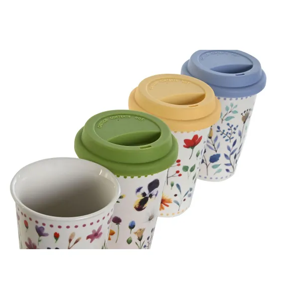 Чашка с крышкой DKD Home Decor Разноцветный Цветы 400 ml (4 штук)