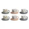 Mukisetti aluslautasilla DKD Home Decor Sininen Harmaa Monivärinen Vaaleanpunainen Posliini 90 ml 11 x 11 x 2 cm (3 osaa)