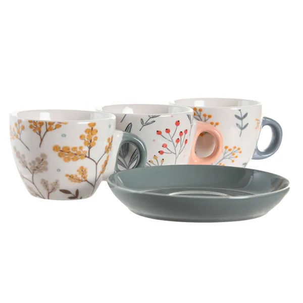 Mukisetti aluslautasilla DKD Home Decor Sininen Harmaa Monivärinen Vaaleanpunainen Posliini 90 ml 11 x 11 x 2 cm (3 osaa)