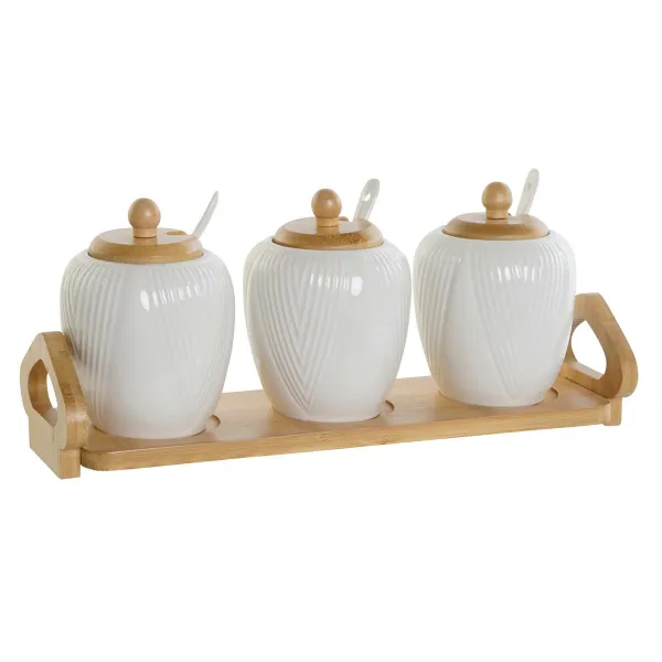 Sokeriastia DKD Home Decor Valkoinen Luonnollinen Bambu Posliini 31 x 9 x 7 cm 4 Kappaletta