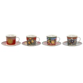 Mukisetti aluslautasilla Home ESPRIT Keltainen Punainen Posliini 220 ml 15,6 x 15,6 x 1,7 cm (4 osaa)