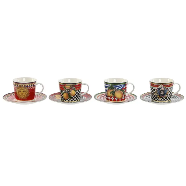 Mukisetti aluslautasilla Home ESPRIT Keltainen Punainen Posliini 220 ml 15,6 x 15,6 x 1,7 cm (4 osaa)