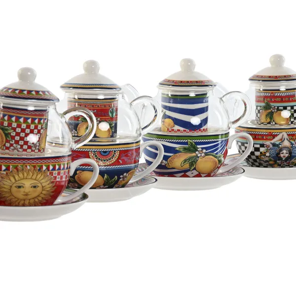Чайник Home ESPRIT Жёлтый Красный Стеклянный Фарфор 1 L (4 штук)