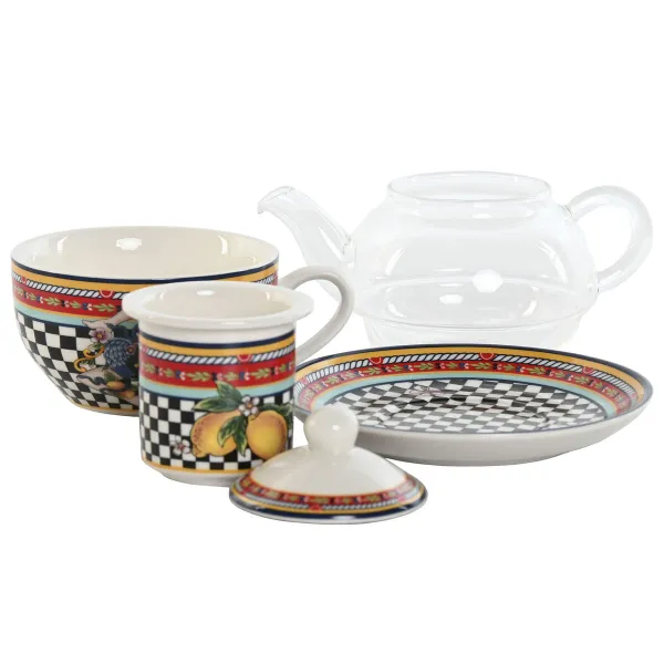 Tējkanna Home ESPRIT Dzeltens Sarkans Stikls Porcelāns 1 L (4 gb.)