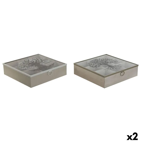 Dėžutė arbatai Home ESPRIT Ruda Rusvai gelsva Metalinis Stiklas Medžio MDF 24 x 24 x 6,5 cm (2 vnt.)
