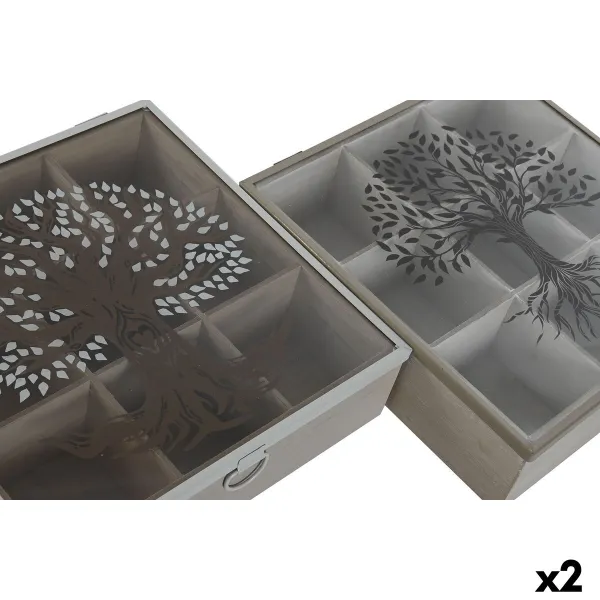 Dėžutė arbatai Home ESPRIT Ruda Rusvai gelsva Metalinis Stiklas Medžio MDF 24 x 24 x 6,5 cm (2 vnt.)