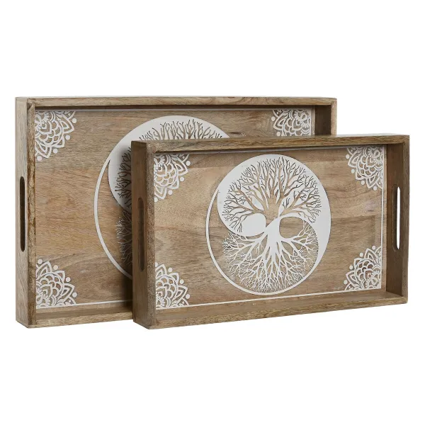 Välipalatarjotin Home ESPRIT Valkoinen Luonnollinen Puut Intialainen mies Riisuttu 43,5 x 27 x 5,5 cm (2 osaa)