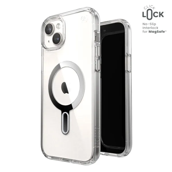 Speck Presidio Perfect-Clear ClickLock & Magsafe - iPhone 15 Plus / iPhone 14 Plus Case (Clear / Chrome Finish / Serene Silver)