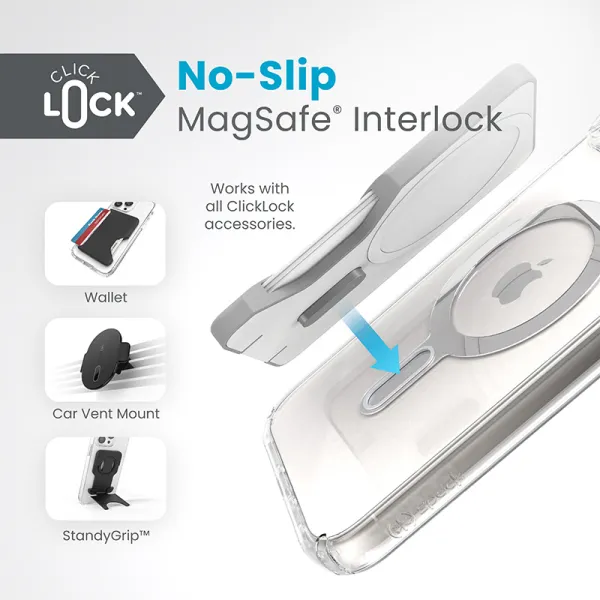 Speck Presidio Perfect-Clear ClickLock & Magsafe - iPhone 15 Plus / iPhone 14 Plus Case (Clear / Chrome Finish / Serene Silver)