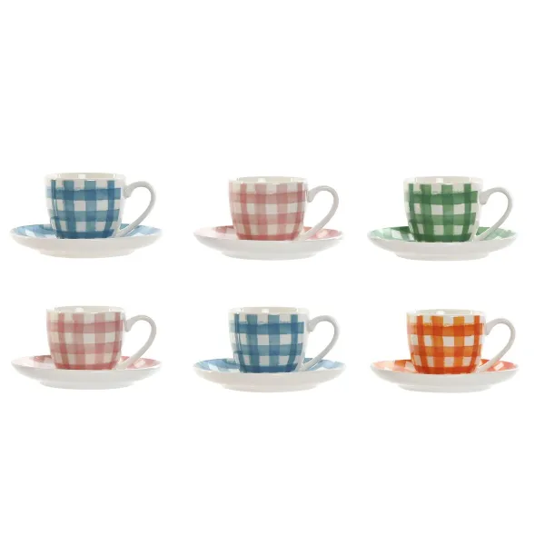 Set of 6 Cups with Plate Home ESPRIT Blue White Green Orange Pink Porcelain Stripes Mediterranean 90 ml
