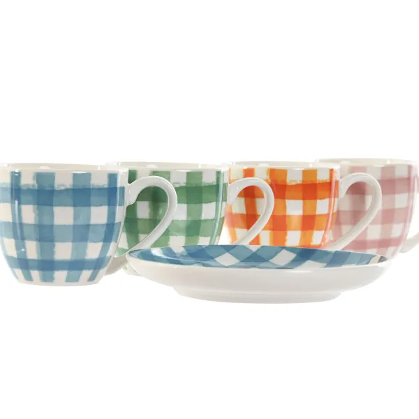Set of 6 Cups with Plate Home ESPRIT Blue White Green Orange Pink Porcelain Stripes Mediterranean 90 ml