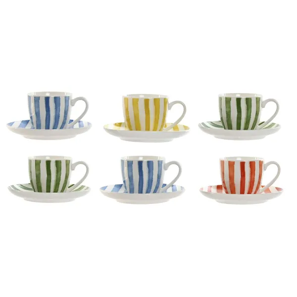 6 krūžu ar šķīvi komplekts Home ESPRIT Dzeltens Zils Zaļš Korāļi Porcelāns Strīpas Vidusjūra 90 ml
