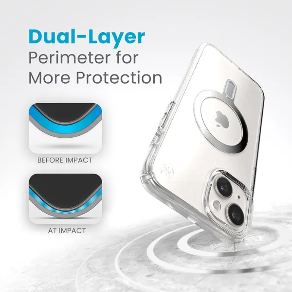 Speck Presidio Perfect-Clear ClickLock & Magsafe - iPhone 15 Plus / iPhone 14 Plus Case (Clear / Chrome Finish / Serene Silver)