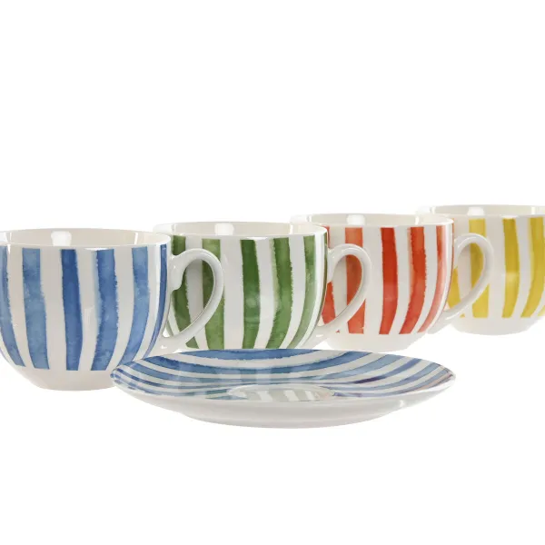 Setti 6 kuppia lautasilla Home ESPRIT Keltainen Sininen Vihreä Koralli Posliini Raidat Välimeren 240 ml