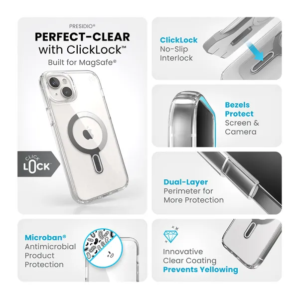 Speck Presidio Perfect-Clear ClickLock & Magsafe - iPhone 15 Plus / iPhone 14 Plus Case (Clear / Chrome Finish / Serene Silver)