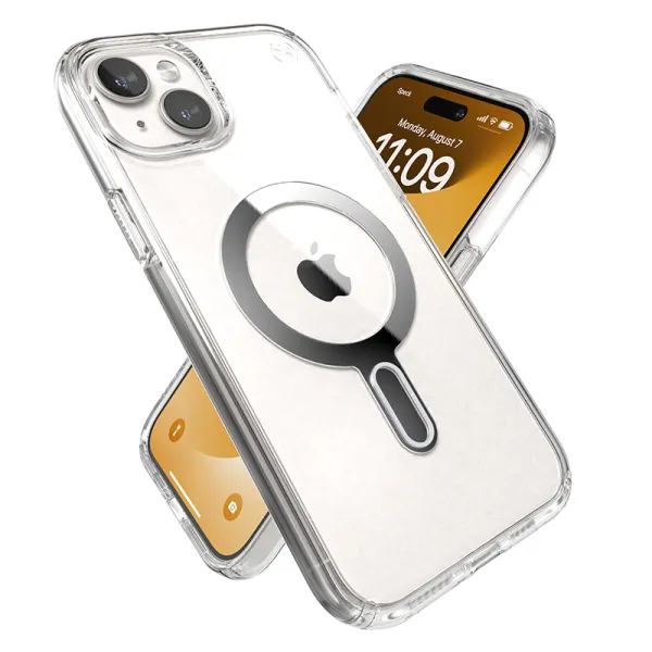 Speck Presidio Perfect-Clear ClickLock & Magsafe - iPhone 15 Plus / iPhone 14 Plus Case (Clear / Chrome Finish / Serene Silver)