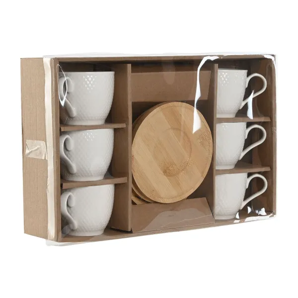 Setti 6 kuppia lautasilla Home ESPRIT Valkoinen Luonnollinen Bambu Posliini 220 ml