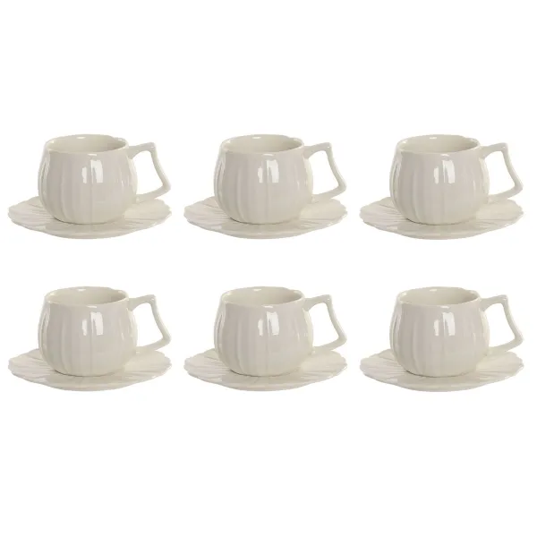 Setti 6 kuppia lautasilla Home ESPRIT Valkoinen Posliini 120 ml