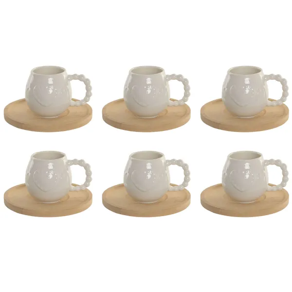 Setti 6 kuppia lautasilla Home ESPRIT Valkoinen Bambu Posliini 150 ml