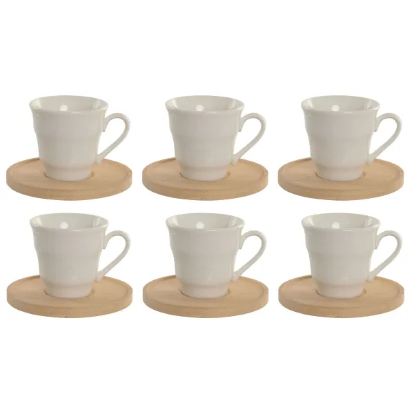 Setti 6 kuppia lautasilla Home ESPRIT Valkoinen Bambu Posliini 90 ml