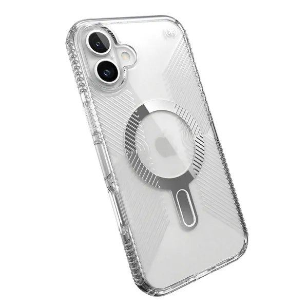 Speck Presidio Perfect-Clear Grip ClickLock & MagSafe - iPhone 16 Plus Case (Clear / Chrome Finish / Serene Silver)