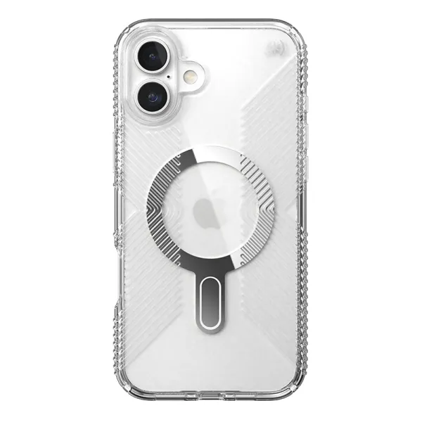 Speck Presidio Perfect-Clear Grip ClickLock & MagSafe - iPhone 16 Plus Case (Clear / Chrome Finish / Serene Silver)