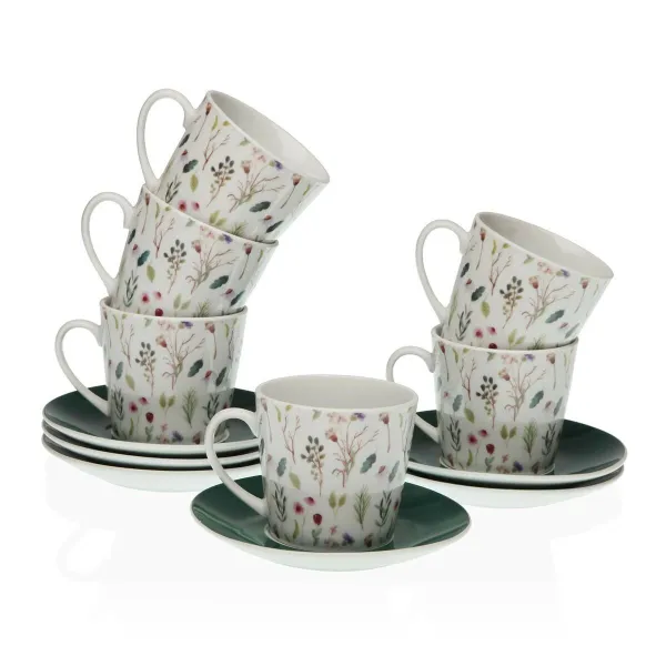 Mukisetti aluslautasilla Versa Sansa Posliini 9 x 14 x 14 cm 10,5 x 8 x 6 cm 14 x 14 x 2 cm Gėlės Tee (12 Kappaletta)