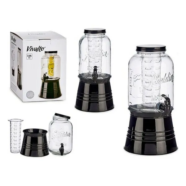 Transparent Glass Jug Vivalto Black Transparent Metal Crystal Plastic 3,8 L Cooler