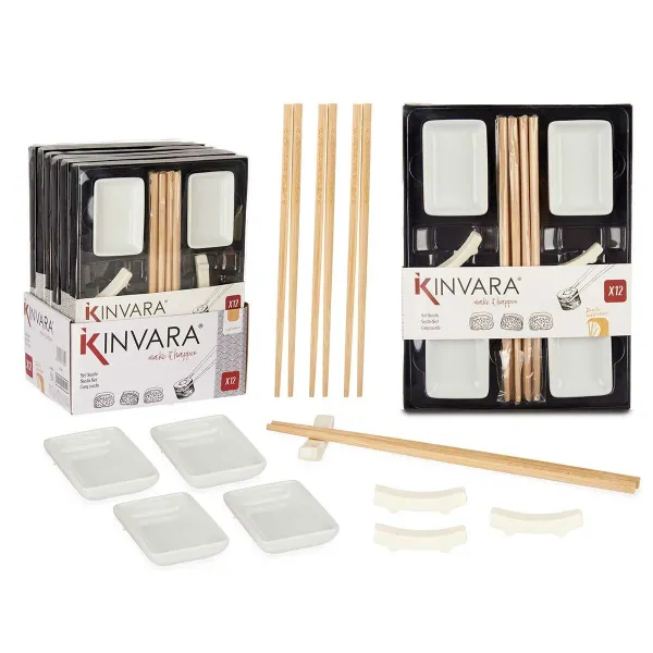 Sushisetti Kinvara Valkoinen Bambu Posliini 27,5 x 2,5 x 20,5 cm 19,5 x 2,5 x 26,5 cm (12 Kappaletta) (6 osaa)