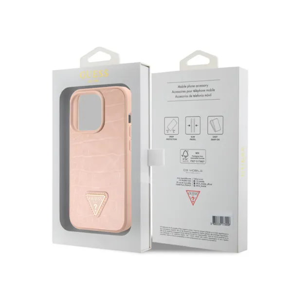 Guess Croco Triangle Metal Logo - Case for iPhone 15 Pro (Pink)