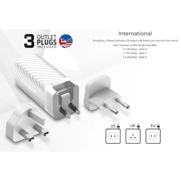 Energizer Ultimate - Multiplug EU / UK / US GaN USB-C & USB-A 65W PD mains charger (Silver)