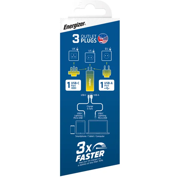 Energizer Ultimate - Multiplug EU / UK / US GaN USB-C & USB-A 65W PD mains charger (Silver)