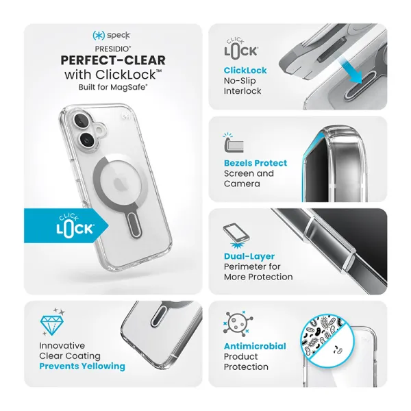 Speck Presidio Perfect-Clear ClickLock & MagSafe - iPhone 16 Case (Clear / Chrome Finish / Serene Silver)