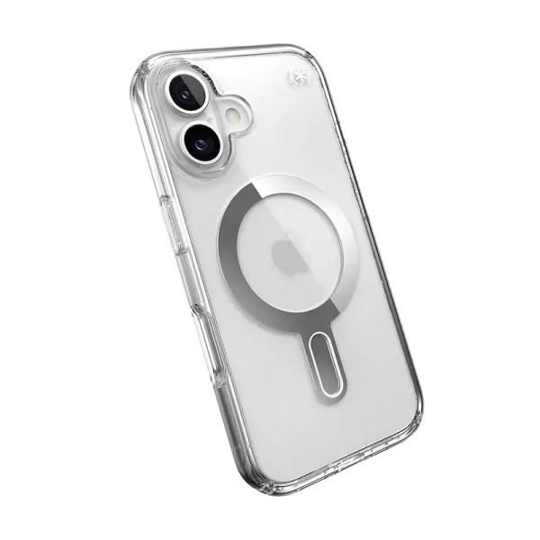 Speck Presidio Perfect-Clear ClickLock & MagSafe - iPhone 16 Case (Clear / Chrome Finish / Serene Silver)