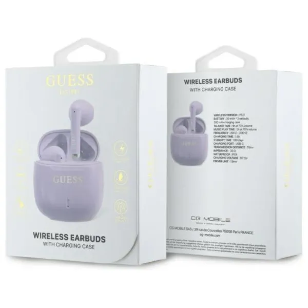 Guess Printed Classic Logo - Bluetooth TWS Headphones + Charging Case (Purple)