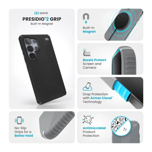 Speck Presidio2 Grip Magnet - Samsung Galaxy S25 Ultra MagSafe Case (Black/Slate Gray/White)