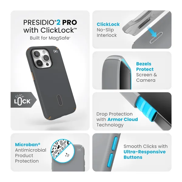 Speck Presidio2 Pro ClickLock & MagSafe - iPhone 15 Pro Case (Charcoal Gray / Cool Bronze)